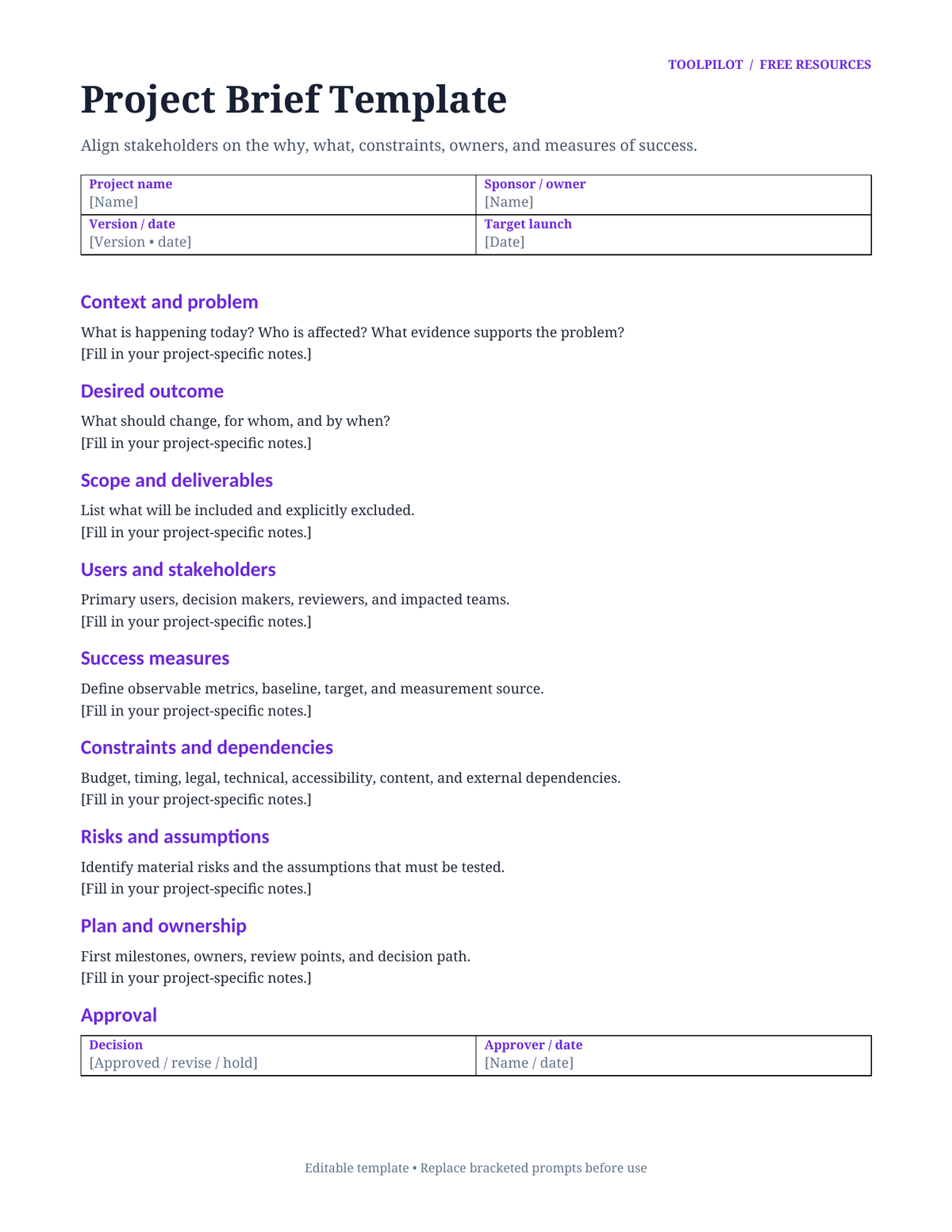 Project Brief Template preview