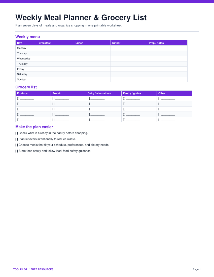 Weekly Meal Planner & Grocery List preview